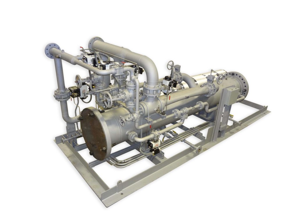 Two Stage Twin Element Vacuum System Package designed for a capacity of 15.0 SCFM consisting of a high vacuum ejector, low vacuum ejector, hogging ejector, single shell inter/after condenser with dividing tubesheet